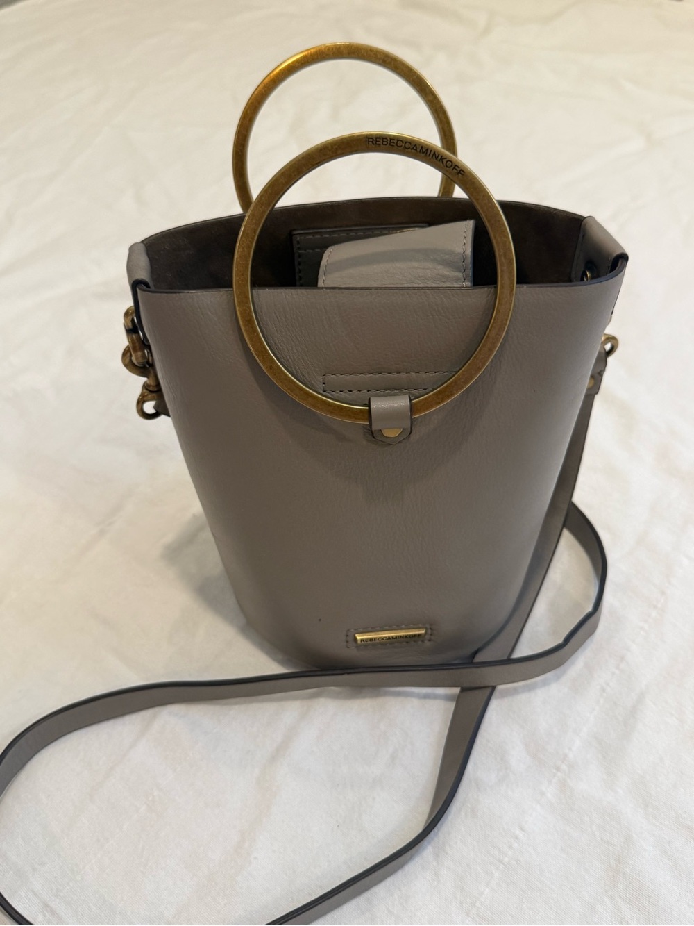 Rebecca Minkoff Gray Leather Ring Handle Bucket Bag Crossbody